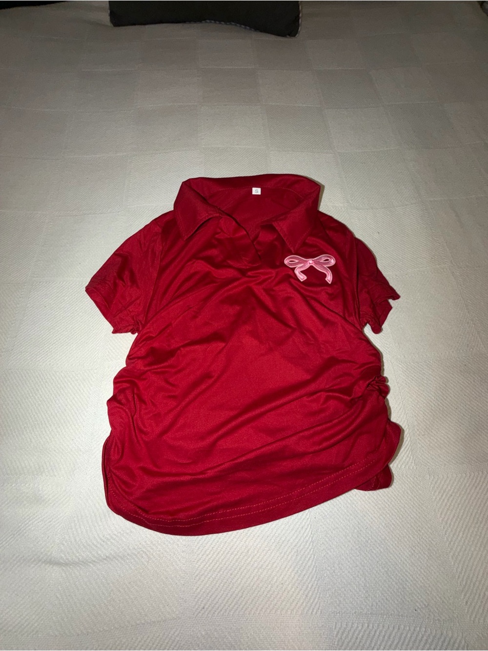 Girls Red Polo Top with Pink Bow Accent - Classic Short Sleeve